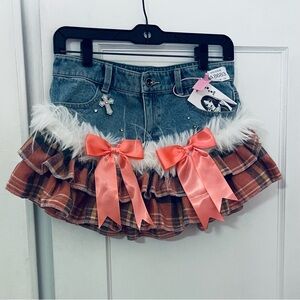 NWT - Denim Tiered Ruffled Miniskirt with Plaid Flannel and Fur Layers - S